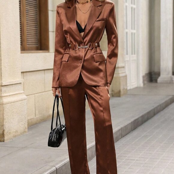 Brown Elegant Womens Satin Finish 2 Piece Suit with Metal Buckle Belt - Picture 3 of 7